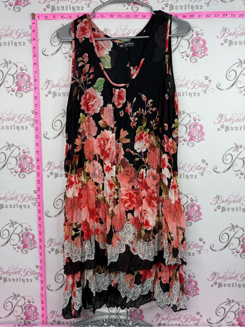Papillon dress Sleeveless Floral Tiered Midi Dress - Black with Coral Floral